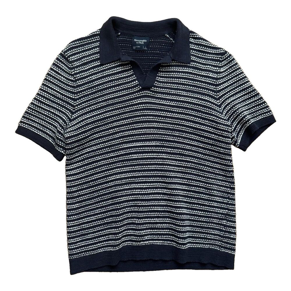 Abercrombie & Fitch Textural Navy Blue Striped Johnny Collar Sweater Polo Mens L
